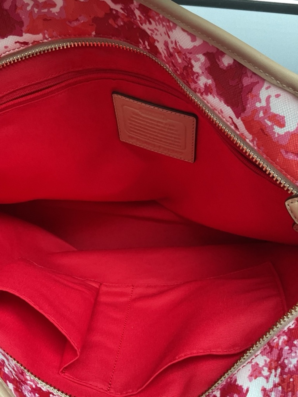 Coach Pink Red Floral Print Tote with Tan Straps - Picture 6 of 9